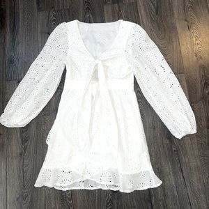 White, Size Large, Eyelet Dress, peephole, front tie, Bridal Shower, Stunning.